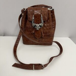 Vintage Ann Turk Leather Crocodile Embossed Purse Bag Cognac Brown Silver Metal